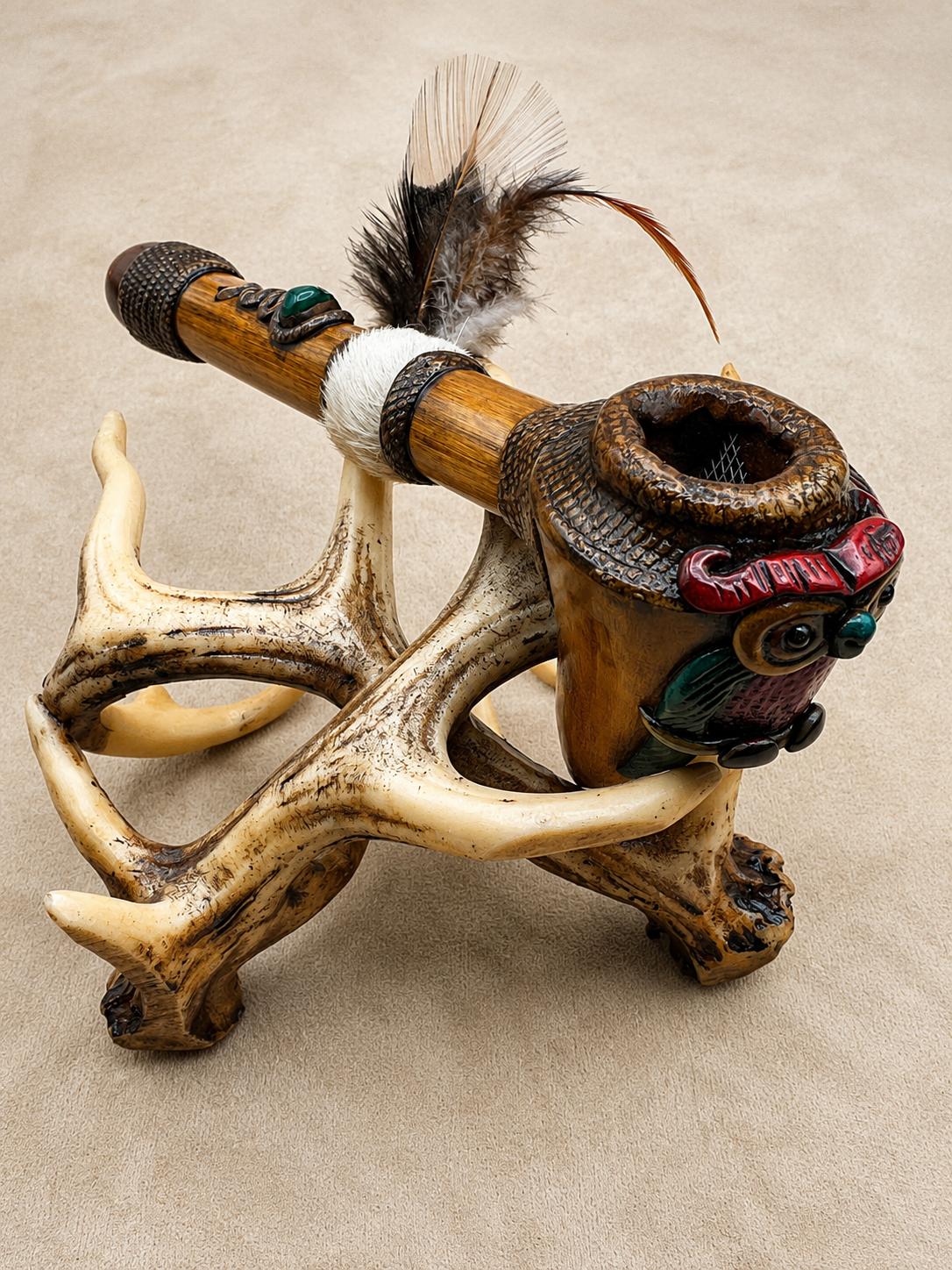 Handcrafted ceremonial pipes featuring carved wood, natural materials, and artisan craftsmanship from Indigenous makers of the Americas.