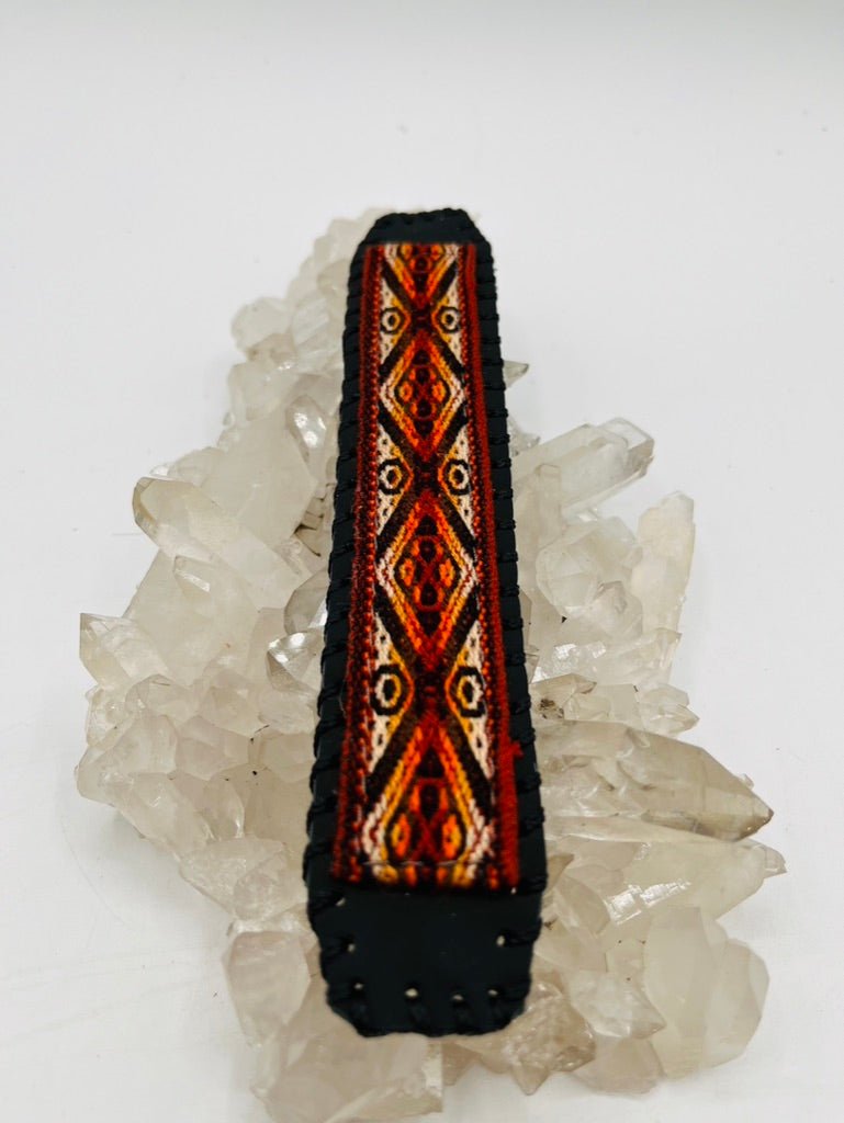 Handwoven Textile - Leather Bendable Cuff by Collective Journey Art