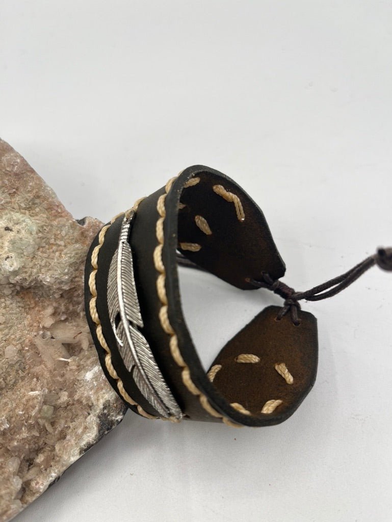 Leather Bracelet with Metal Feather Pendant by Collective Journey Art