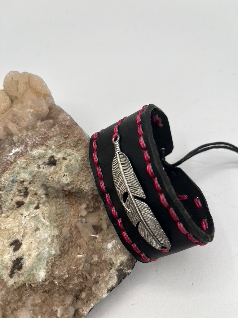 Leather Bracelet with Metal Feather Pendant by Collective Journey Art