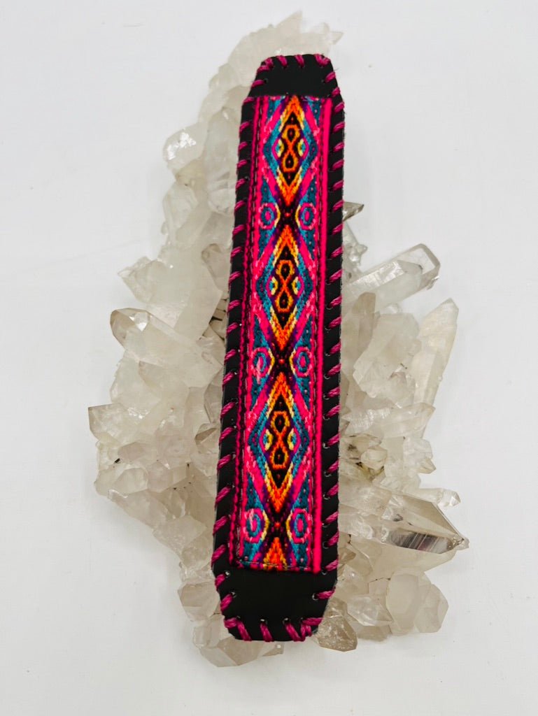 Handwoven Textile - Leather Bendable Cuff by Collective Journey Art