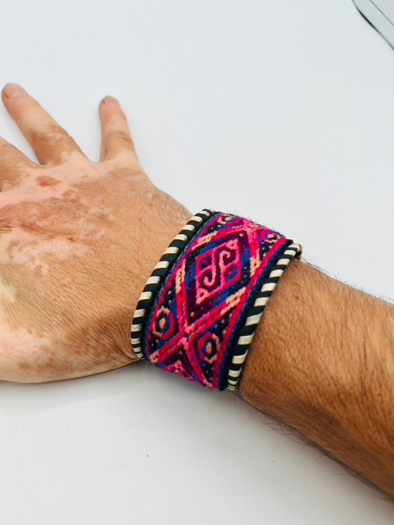 Leather Adjustable Wide Textile Bracelet by Collective Journey Art