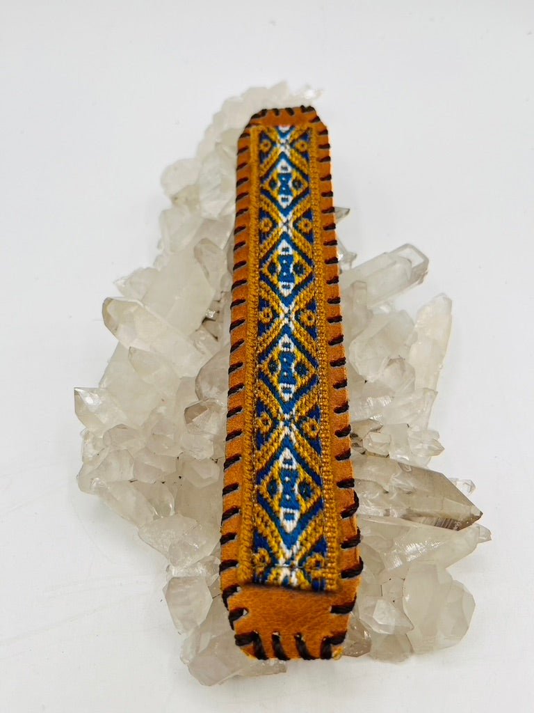 Handwoven Textile - Leather Bendable Cuff by Collective Journey Art
