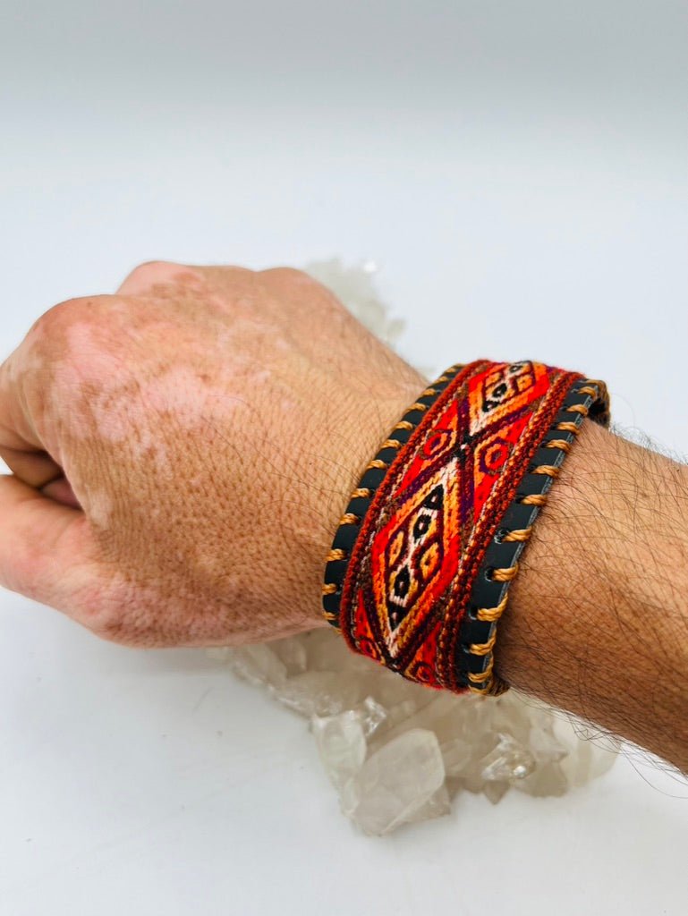 Handwoven Textile - Leather Bendable Cuff by Collective Journey Art