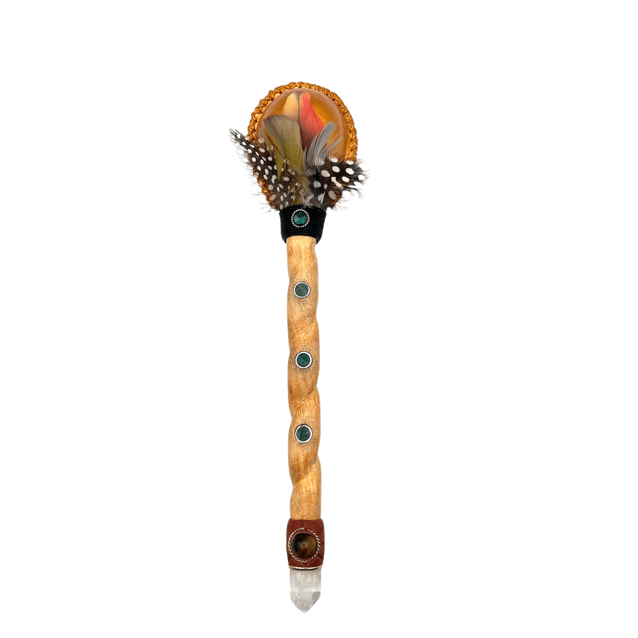 Handcrafted Palo Santo ceremonial maraca with quartz crystal, tiger eye, crysacola and embedded  jade detailing and carved Palo Santo wood handle created within our Peruvian collective.