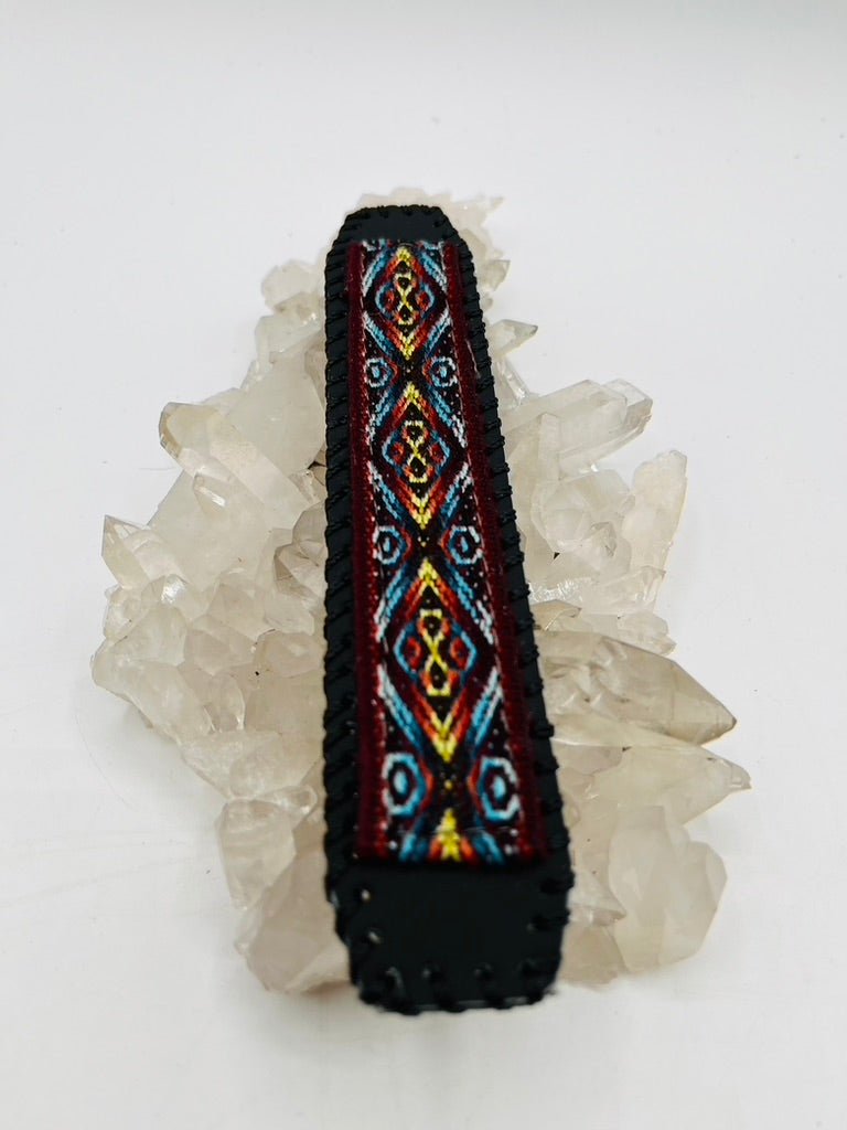 Handwoven Textile - Leather Bendable Cuff by Collective Journey Art