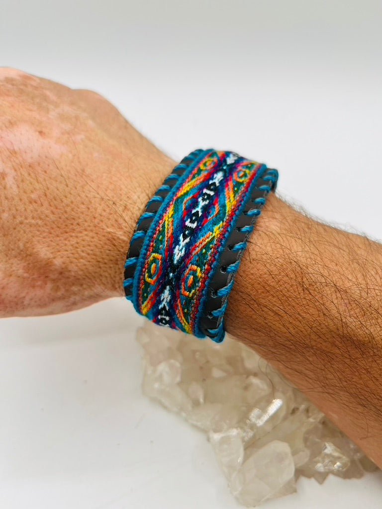 Handwoven Textile - Leather Bendable Cuff by Collective Journey Art