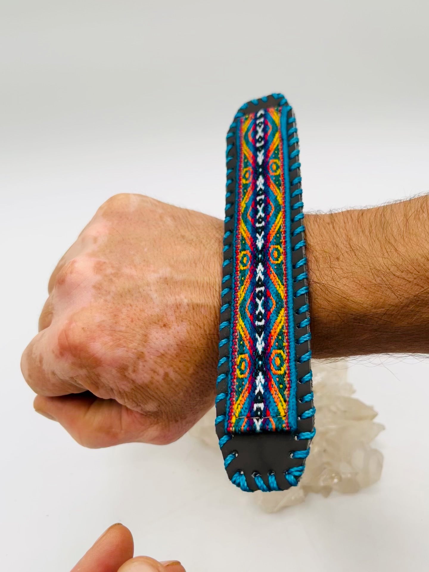 Handwoven Textile - Leather Bendable Cuff by Collective Journey Art