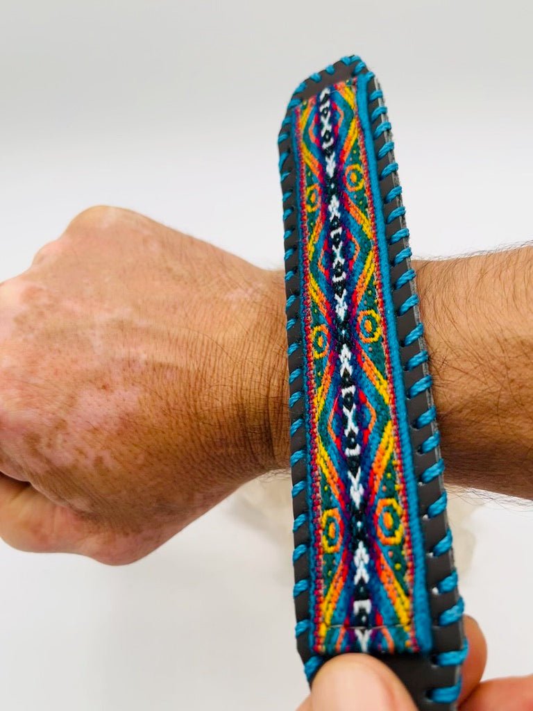 Handwoven Textile - Leather Bendable Cuff by Collective Journey Art