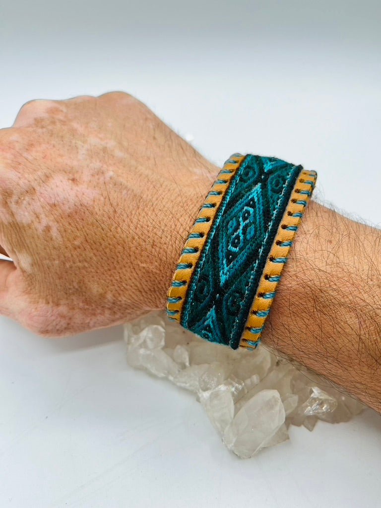 Handwoven Textile - Leather Bendable Cuff by Collective Journey Art