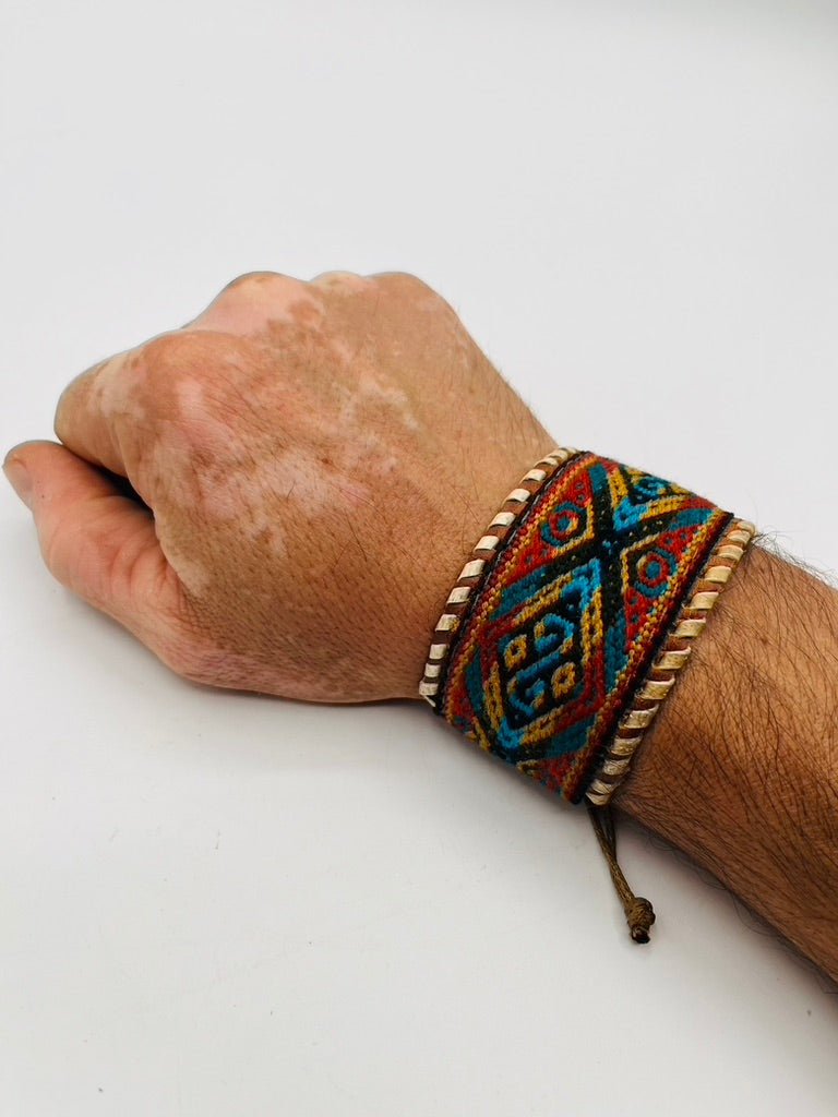 Leather Adjustable Wide Textile Bracelet by Collective Journey Art