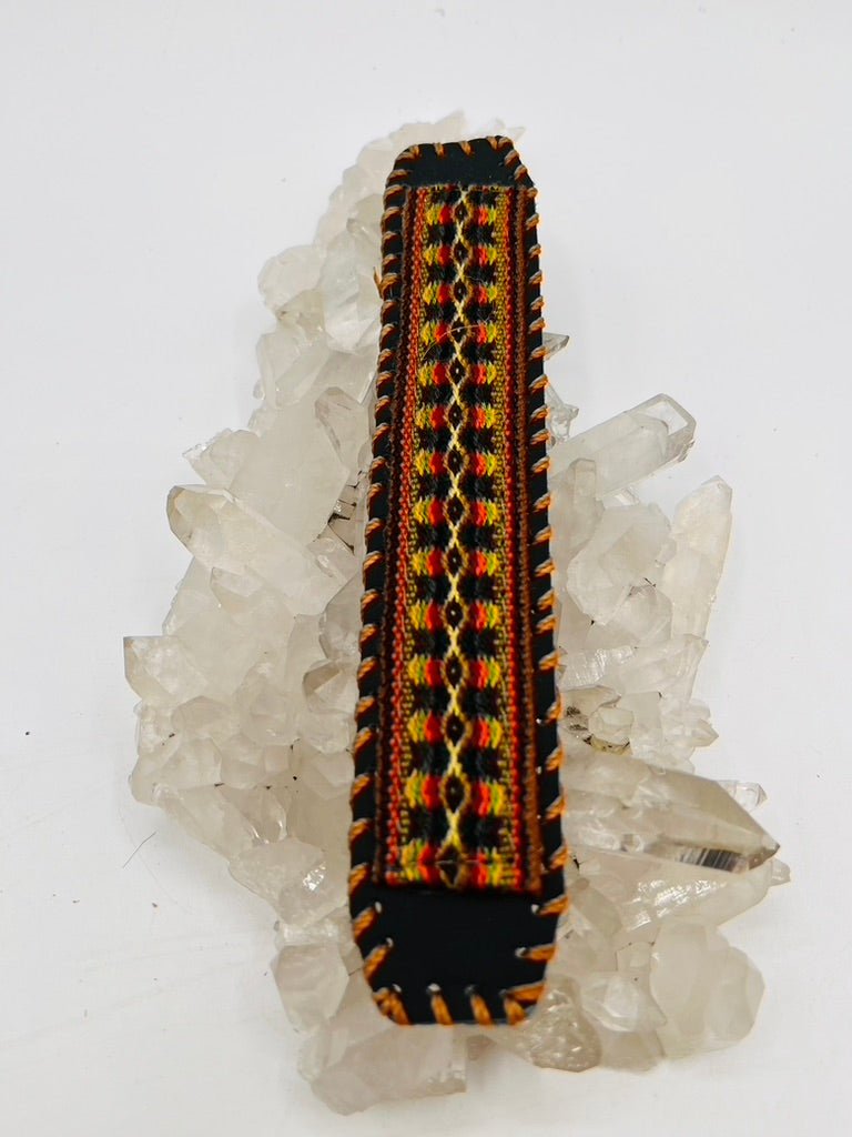 Handwoven Textile - Leather Bendable Cuff by Collective Journey Art
