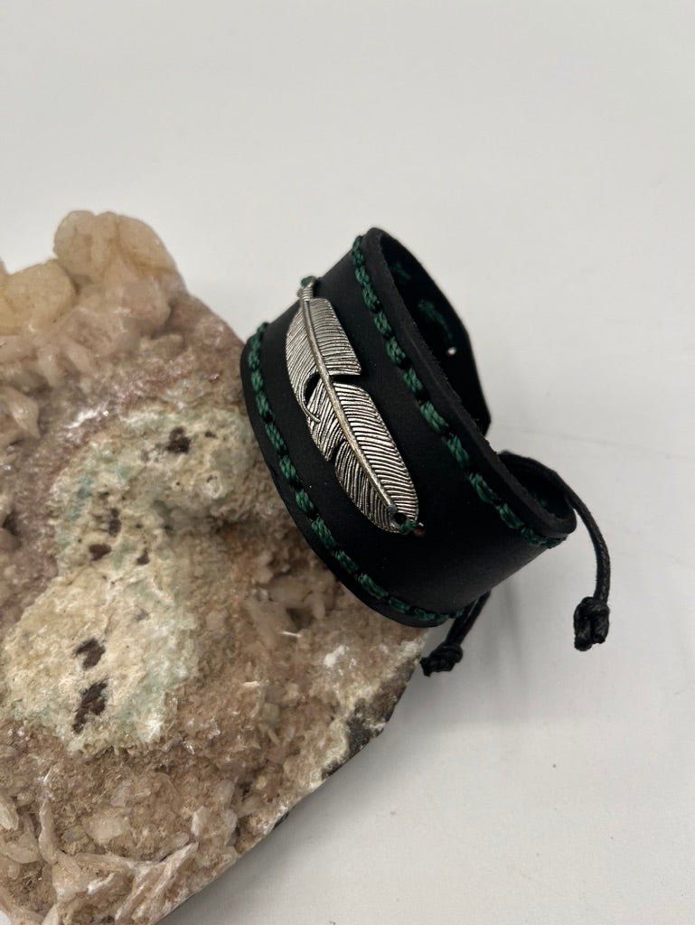 Leather Bracelet with Metal Feather Pendant by Collective Journey Art