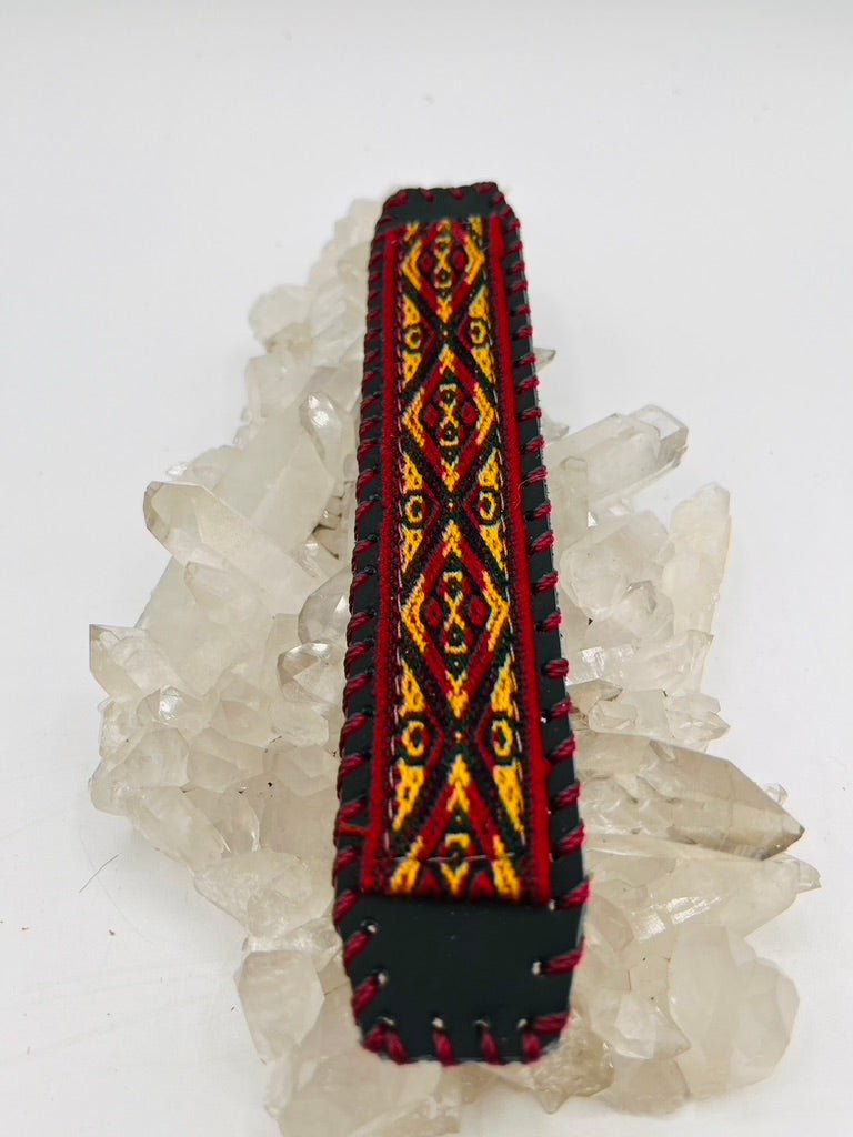 Handwoven Textile - Leather Bendable Cuff by Collective Journey Art