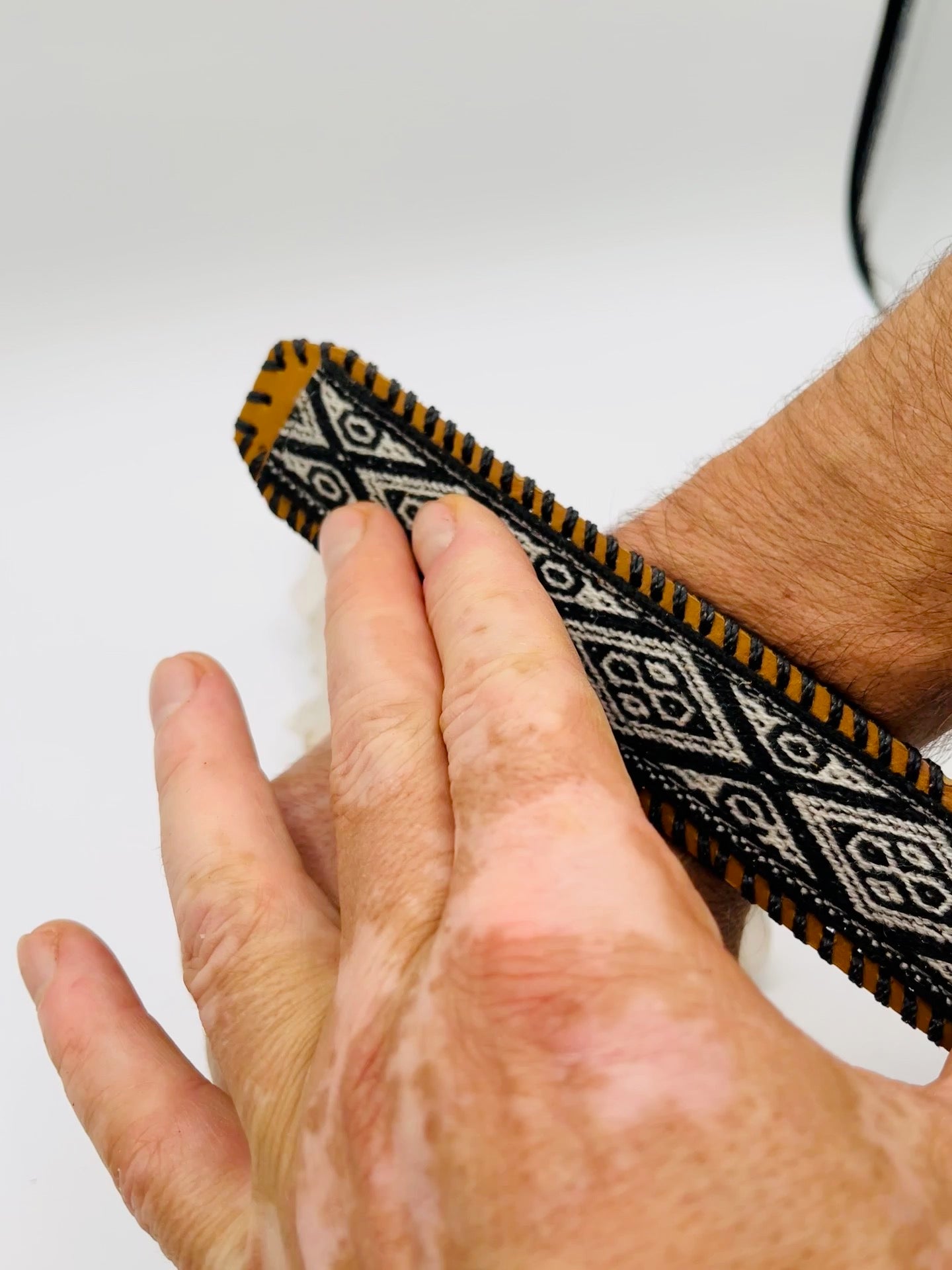 Handwoven Textile - Leather Bendable Cuff by Collective Journey Art
