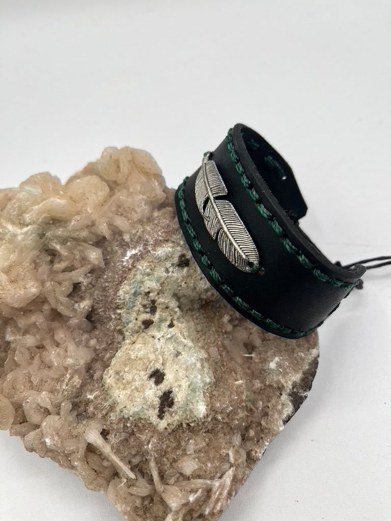 Leather Bracelet with Metal Feather Pendant by Collective Journey Art