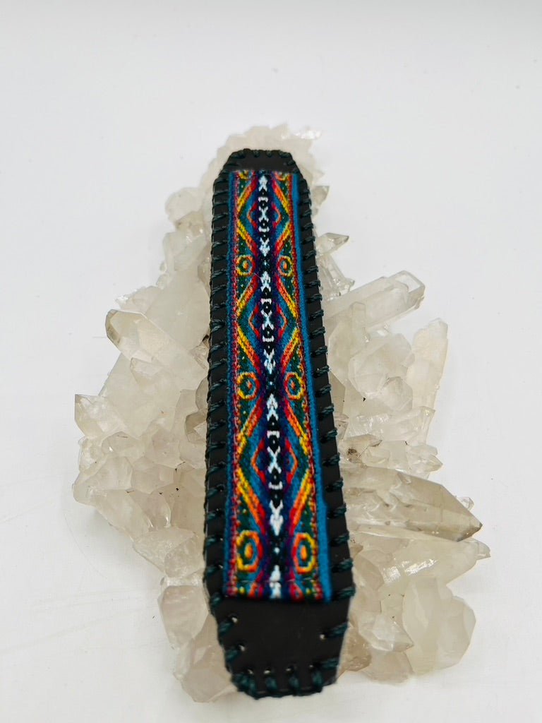 Handwoven Textile - Leather Bendable Cuff by Collective Journey Art