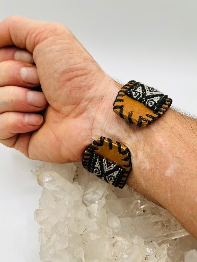 Handwoven Textile - Leather Bendable Cuff by Collective Journey Art