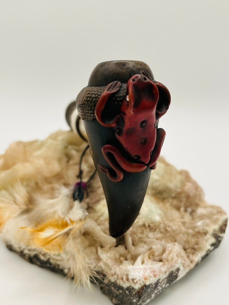 Bamboo Peace Pipe- Frog carving as totem by Collective Journey Art
