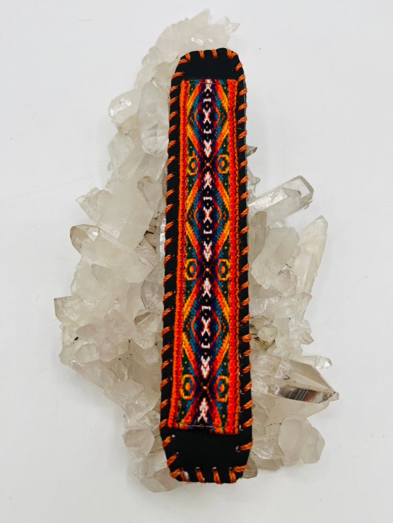 Handwoven Textile - Leather Bendable Cuff by Collective Journey Art