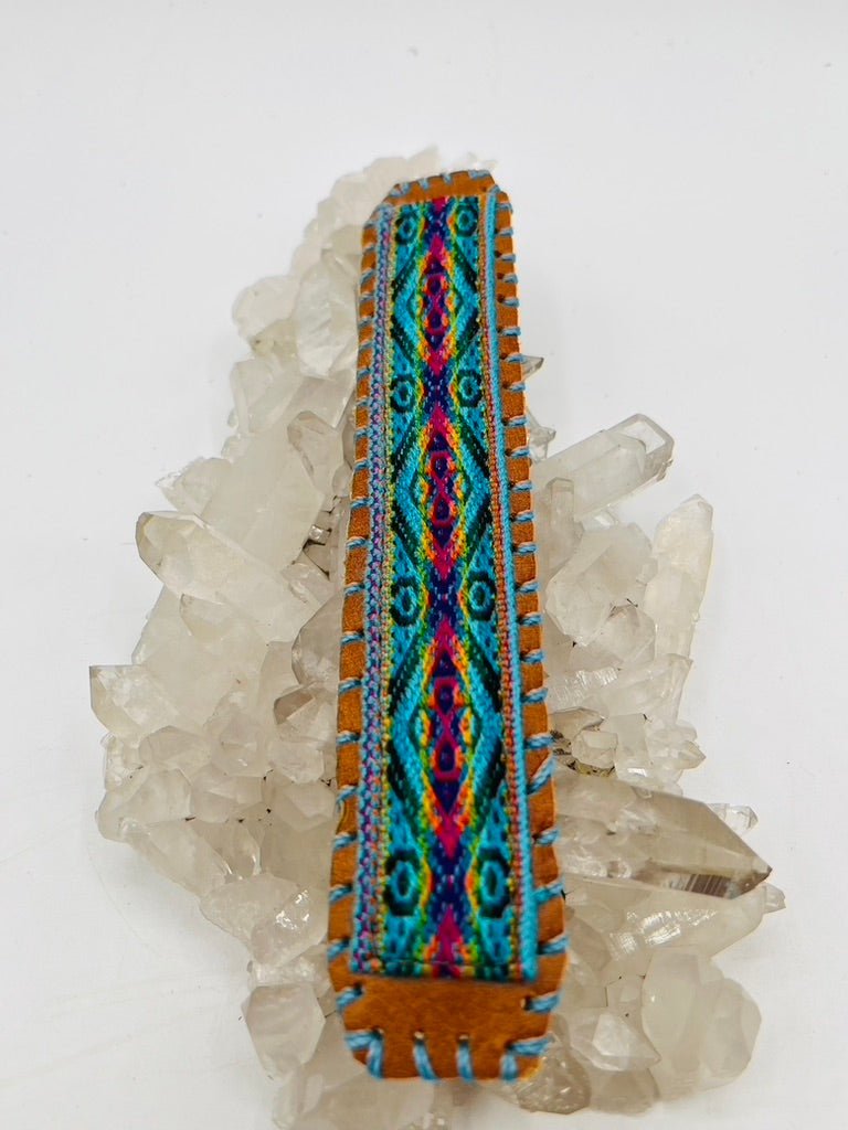 Handwoven Textile - Leather Bendable Cuff by Collective Journey Art