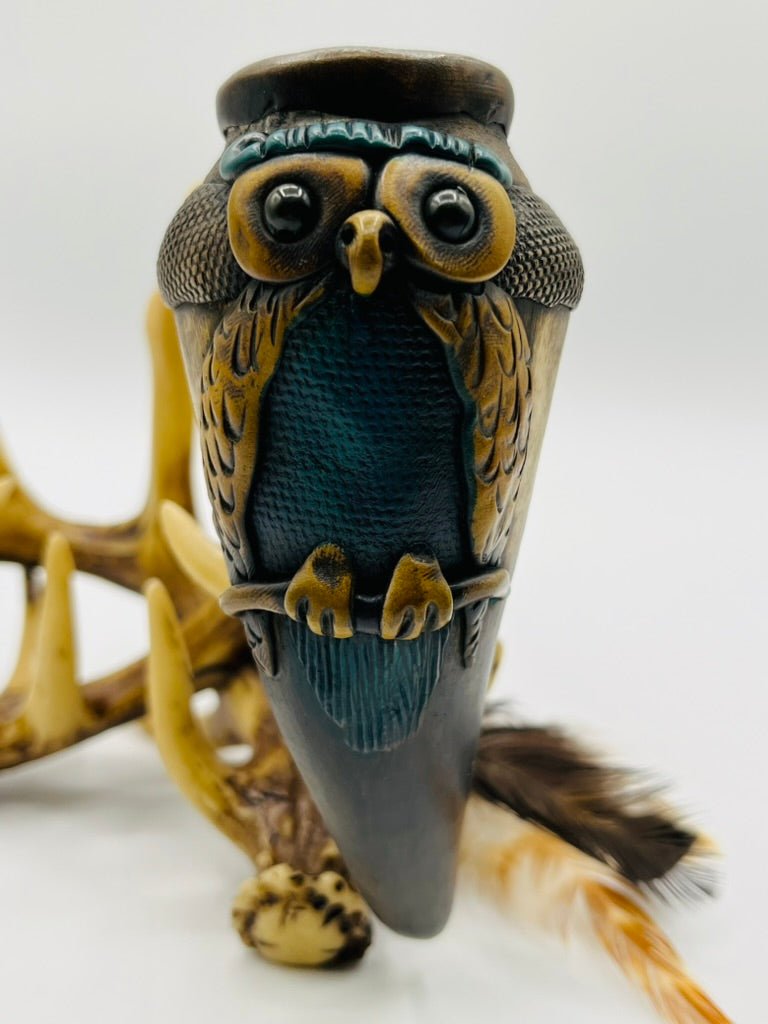 Owl carving detail on handcrafted large bamboo peace pipe by Collective Journey Art