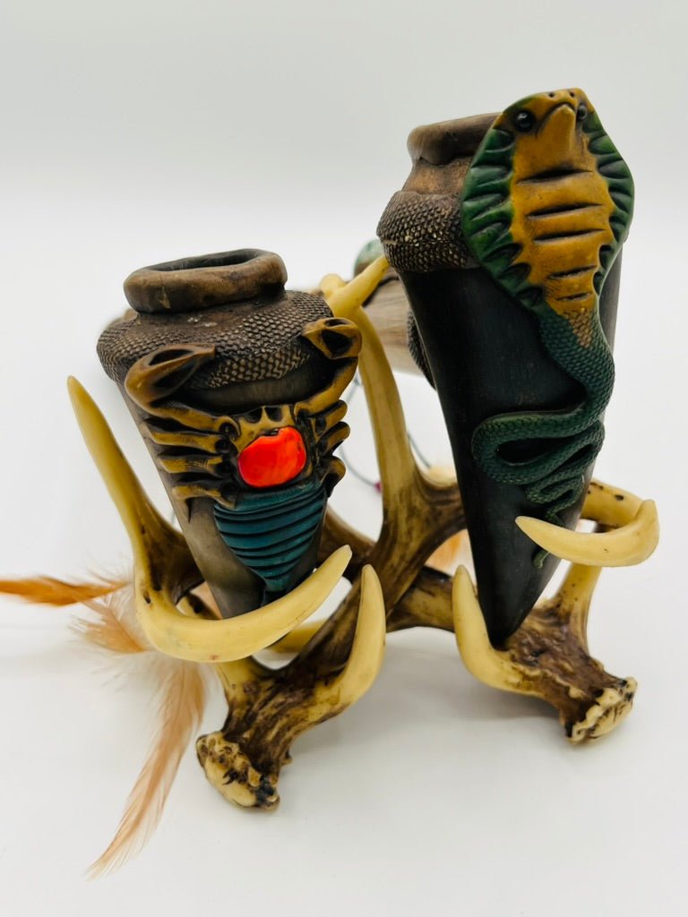 Handcrafted Large Bamboo Peace Pipe with scorpion and cobra serpent carvings