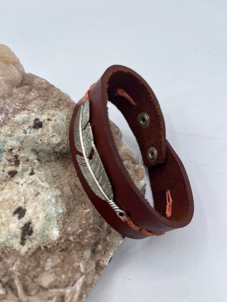 Leather Bracelet with Metal Feather Pendant by Collective Journey Art