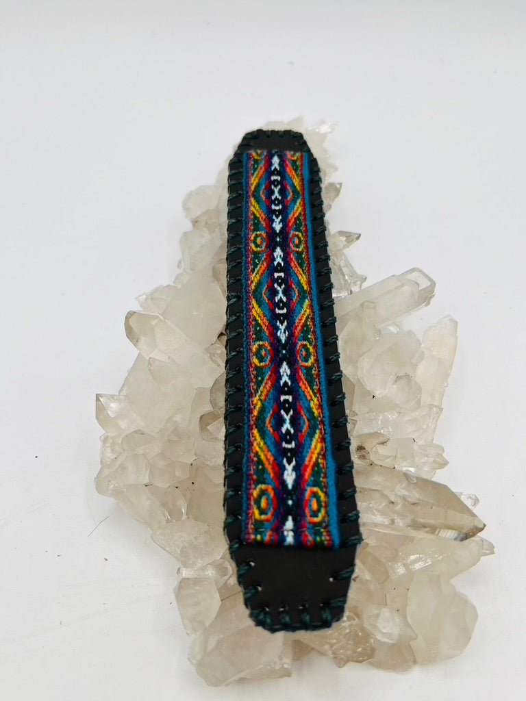 Handwoven Textile - Leather Bendable Cuff by Collective Journey Art