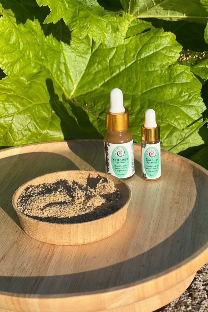 Collective Journey Art 10ml and 5ml Sananga Eye Drop bottles beside a small bowl of freshly ground root powder on a wooden plate outdoors.