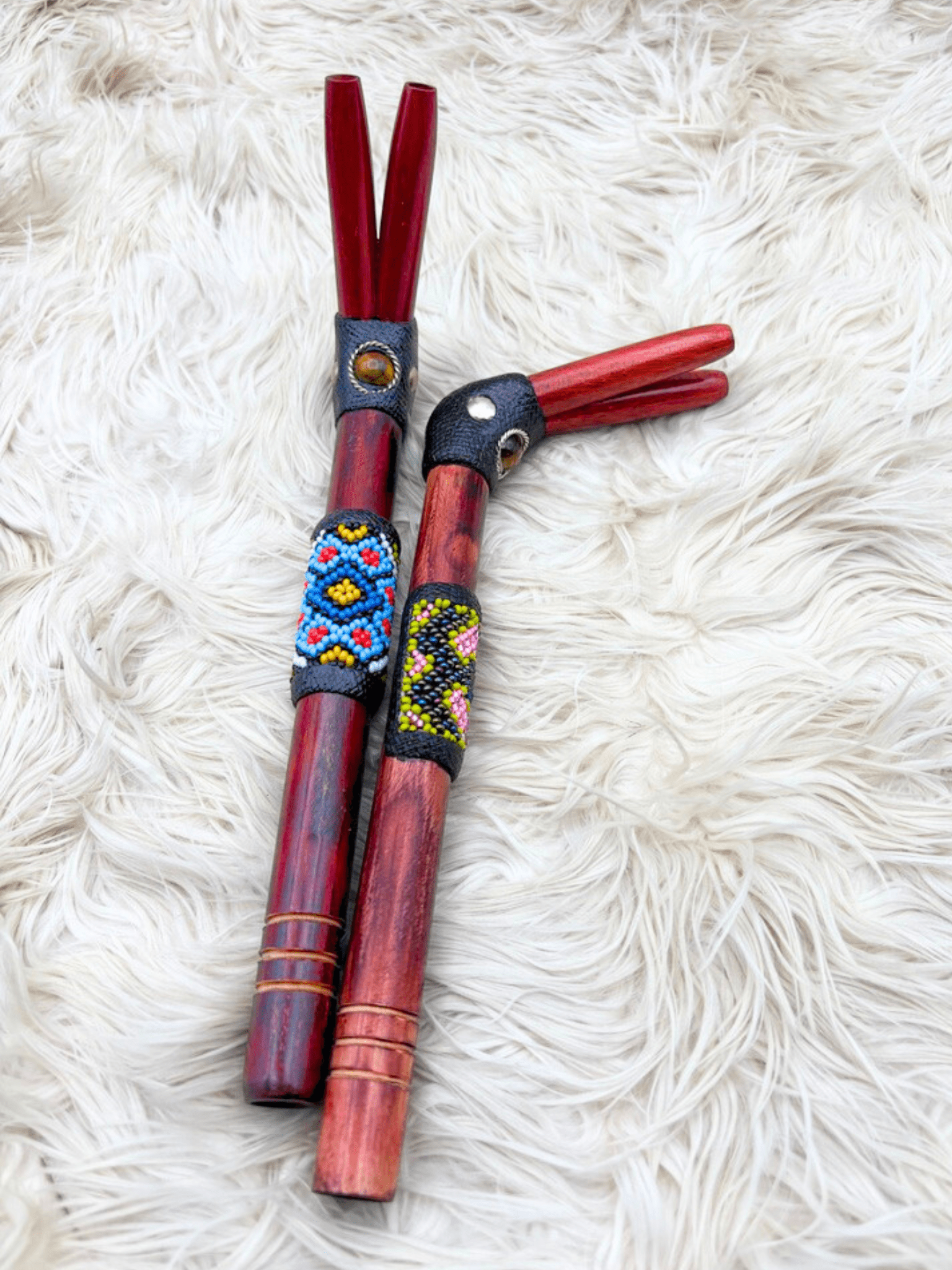 Handcrafted double-nostril bamboo Tepi Hapé applicators by Collective Journey Art with colorful beadwork, Tiger’s Eye accents, and Palo Sangre or Chonta wood