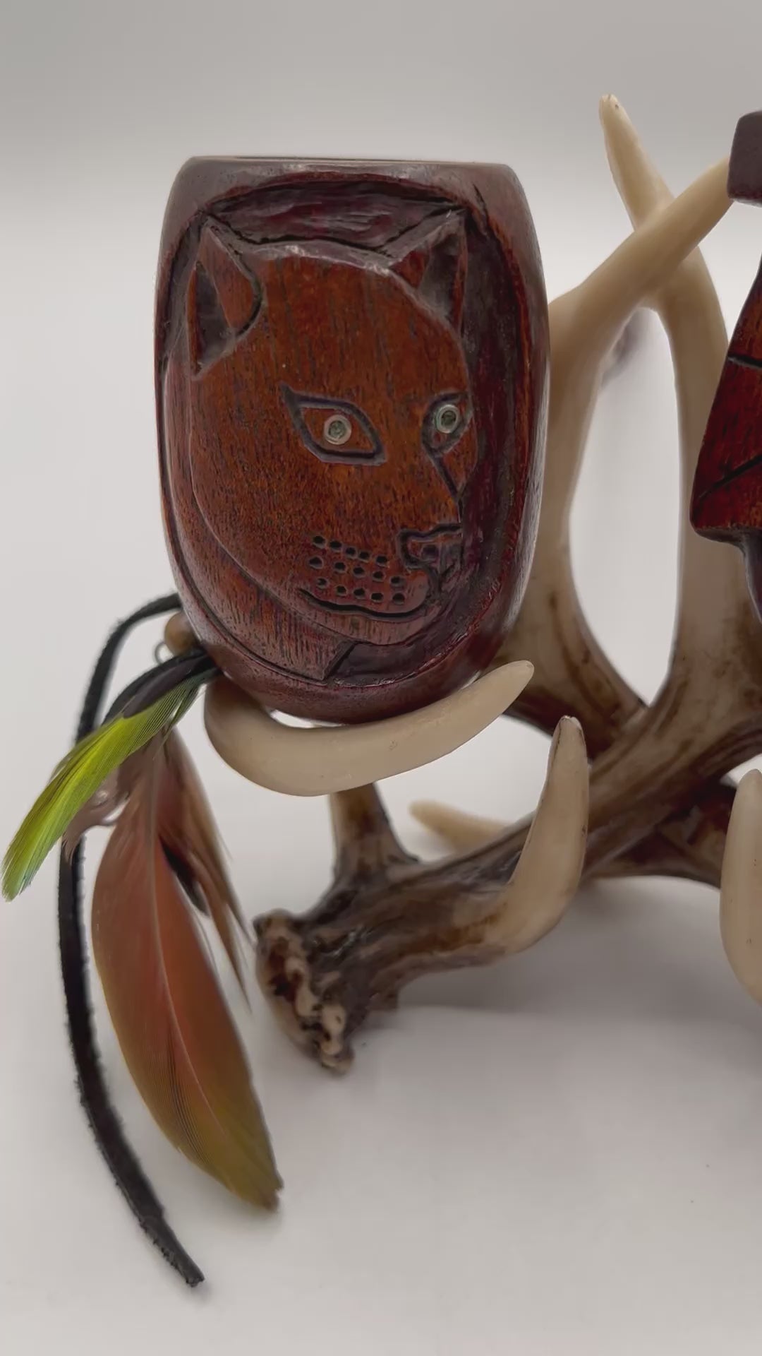Shared ceremonial peace pipe with jaguar carving