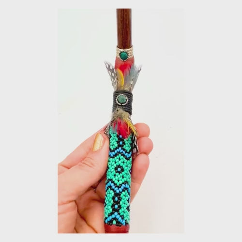 Handcrafted Indigenous Tepi Hapé serving applicators by Collective Journey Art, made from Amazonian blackwood with colorful Shipibo-inspired seed-bead patterns.