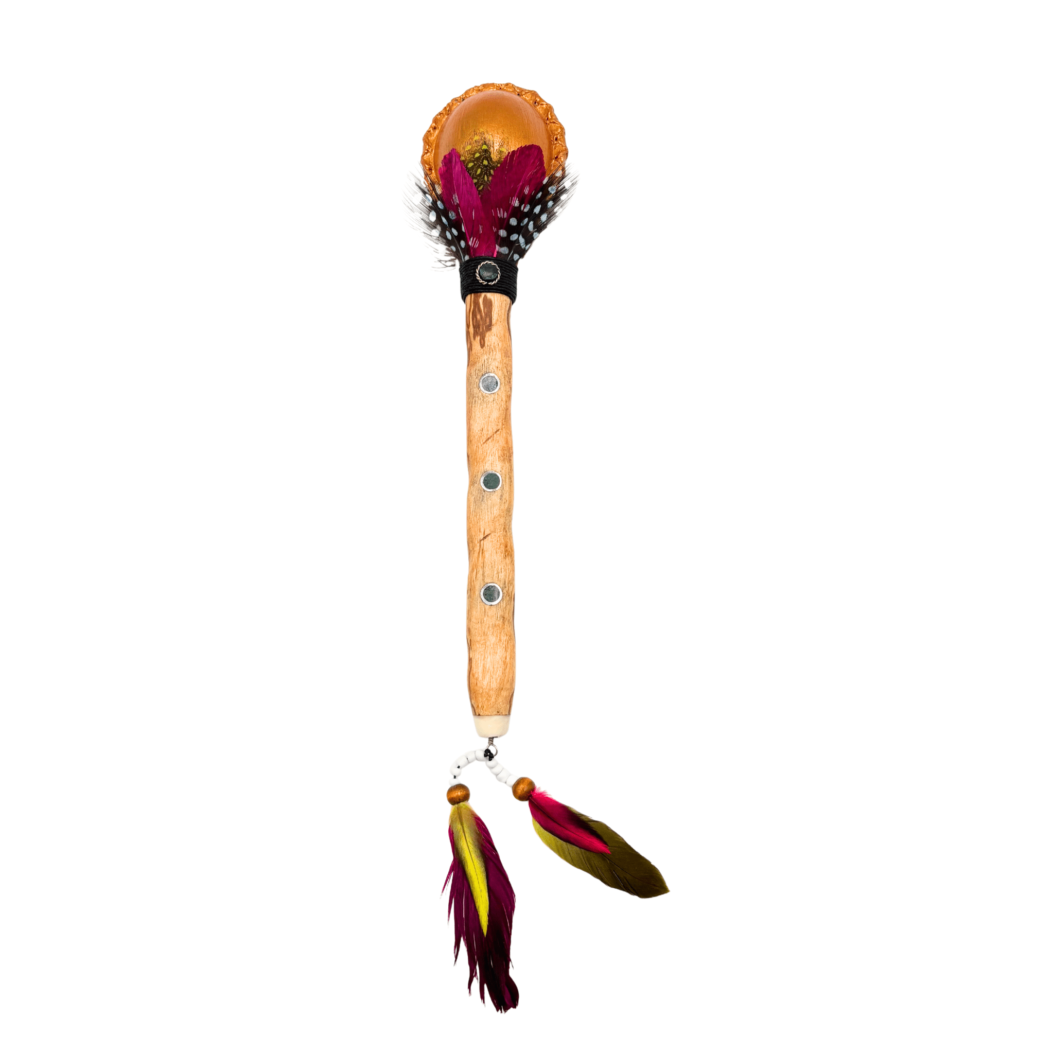 Handcrafted Palo Santo ceremonial maraca with feather detailing and sacred wood handle created within our Peruvian collective.