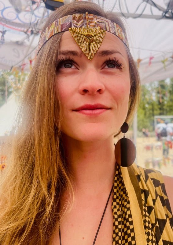 Pyramid Adornment 16 Strand handcrafted by the T'zutujil collective in Guatemala, worn as a crown adornment with Miyuki beadwork