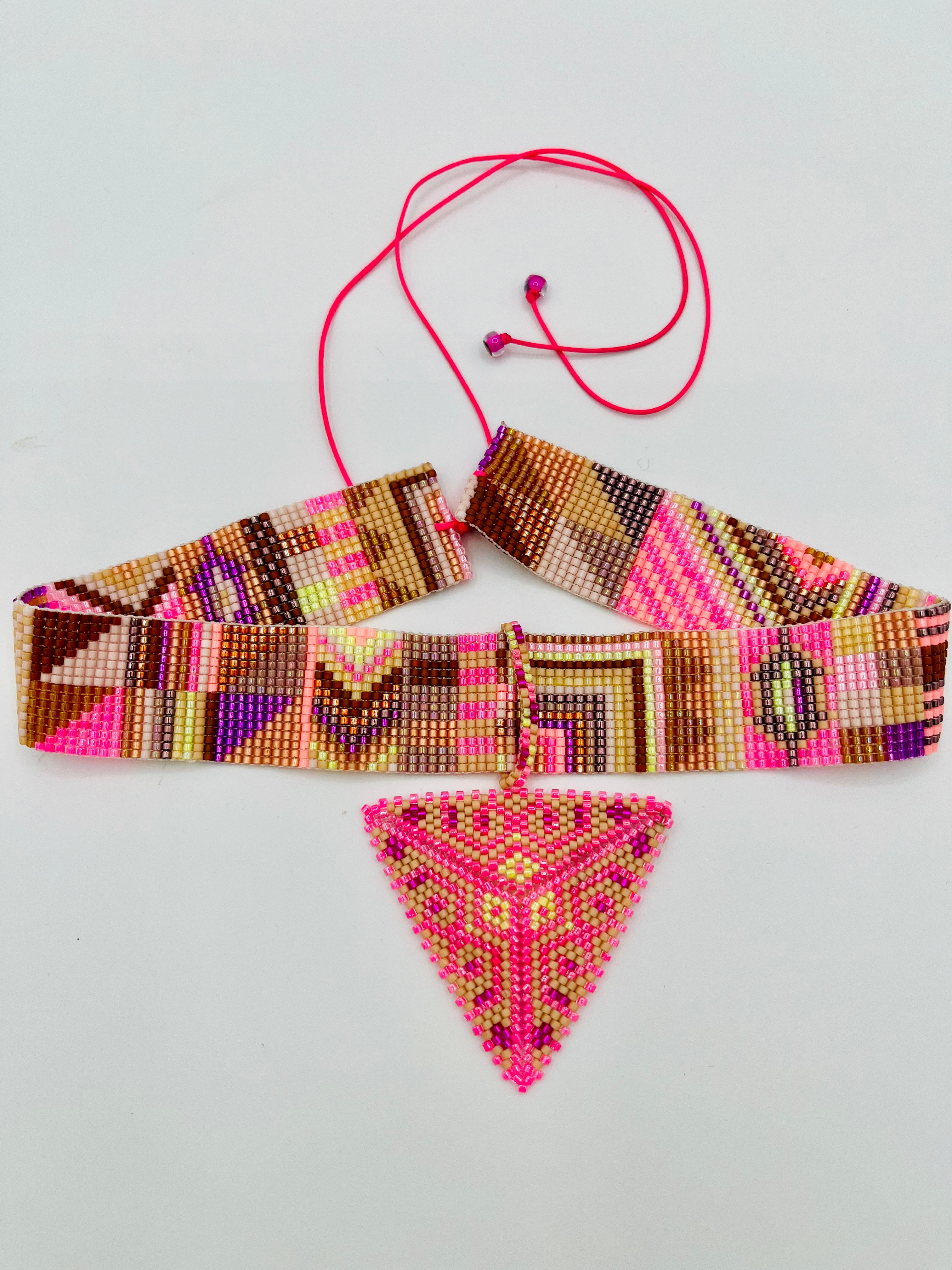 Pyramid Adornment 16 Strand handcrafted by the T'zutujil collective in Guatemala, worn as a crown adornment with Miyuki beadwork