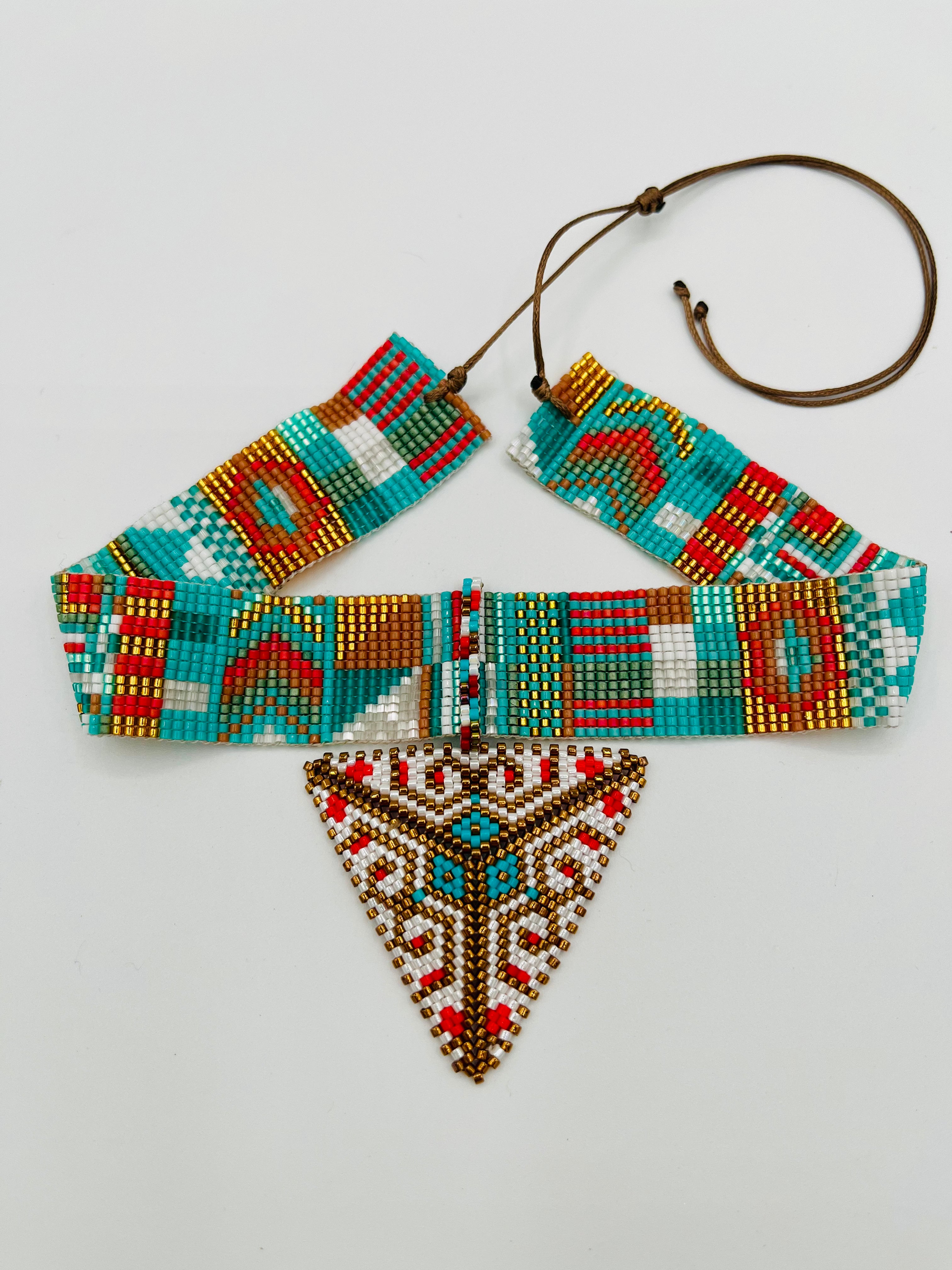 Pyramid Adornment 16 Strand handcrafted by the T'zutujil collective in Guatemala, worn as a crown adornment with Miyuki beadwork