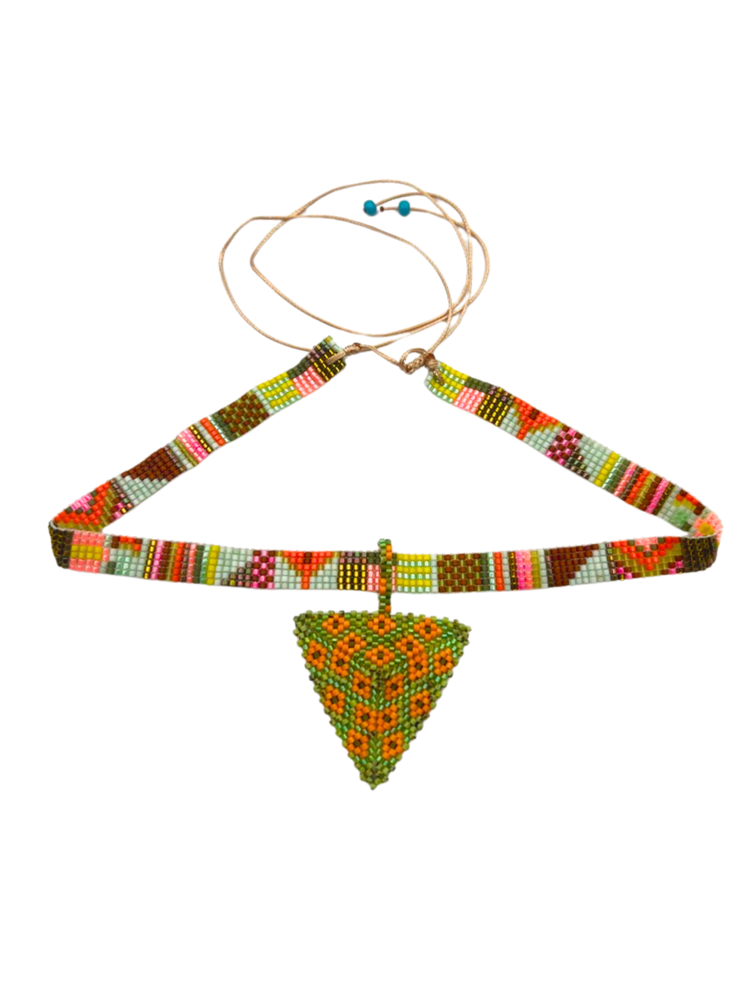 Pyramid Pendant in Orange and Green handcrafted in Guatemala with Japanese Miyuki beadwork
