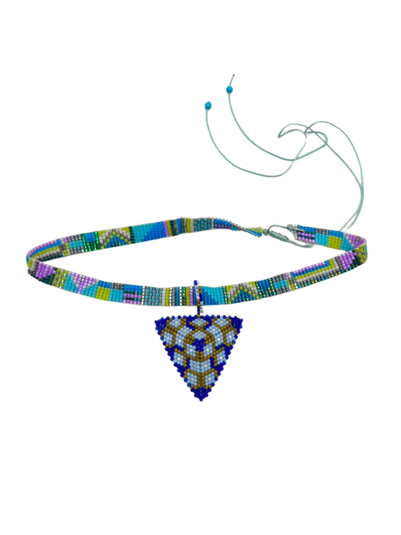 Pyramid Pendant in Blue, Green and Purple handcrafted in Guatemala with Japanese Miyuki beadwork