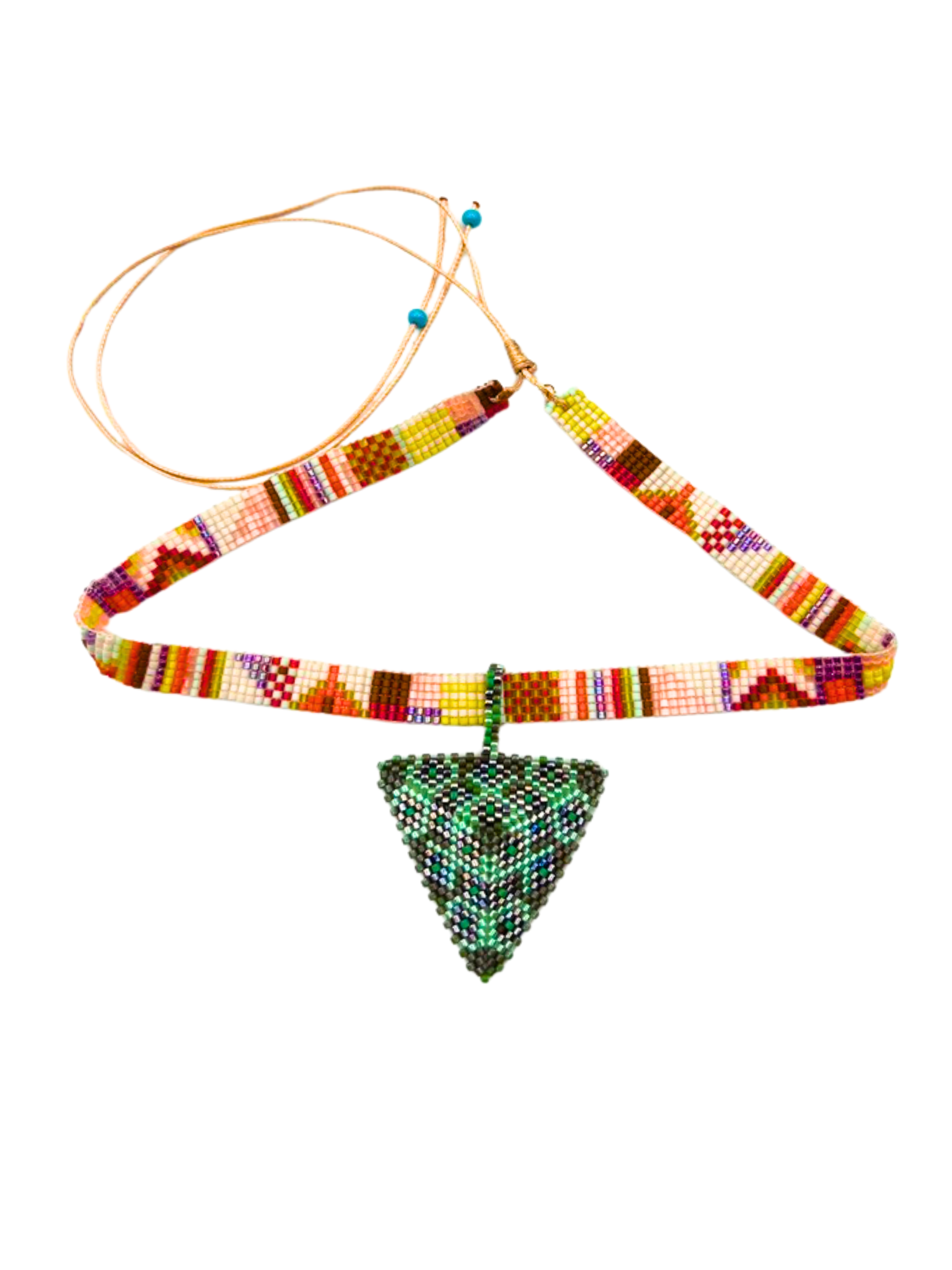 Pyramid Pendant in Green and Grey handcrafted in Guatemala with Japanese Miyuki beadwork