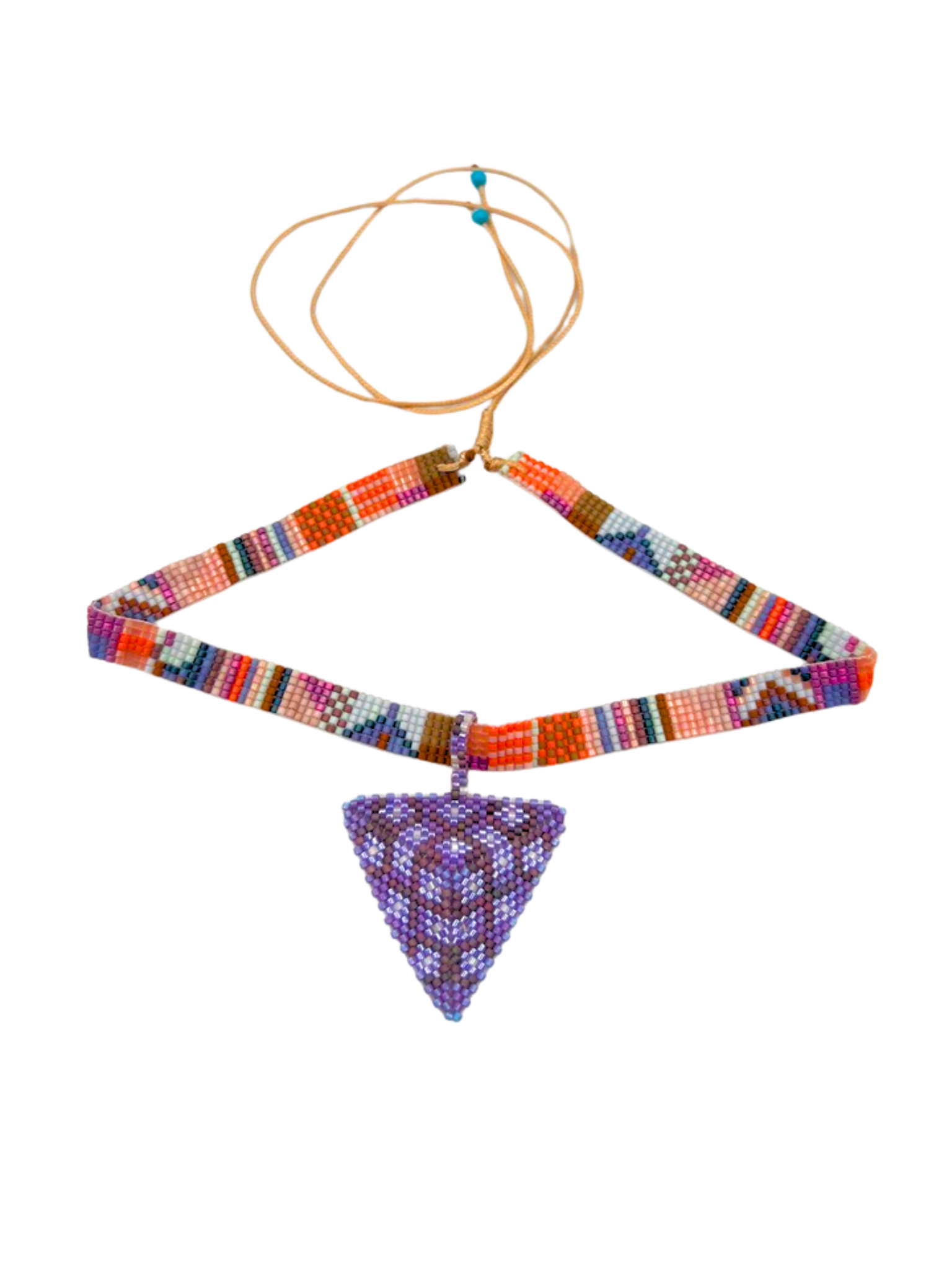 Pyramid Pendant in Purple and Orange handcrafted in Guatemala with Japanese Miyuki beadwork