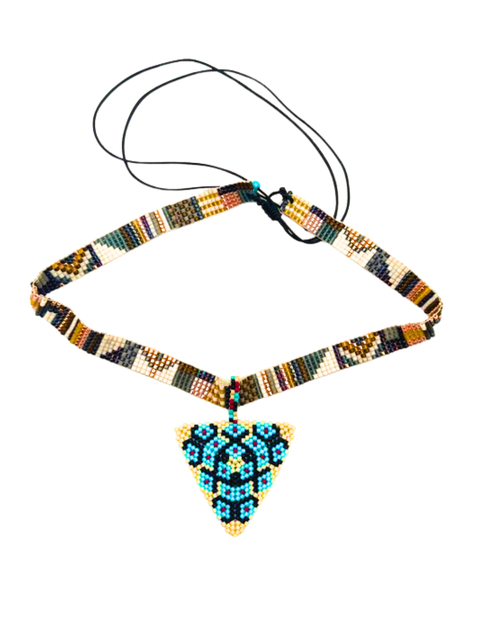 Pyramid Pendant in Teal, Beige and Black handcrafted in Guatemala with Japanese Miyuki beadwork