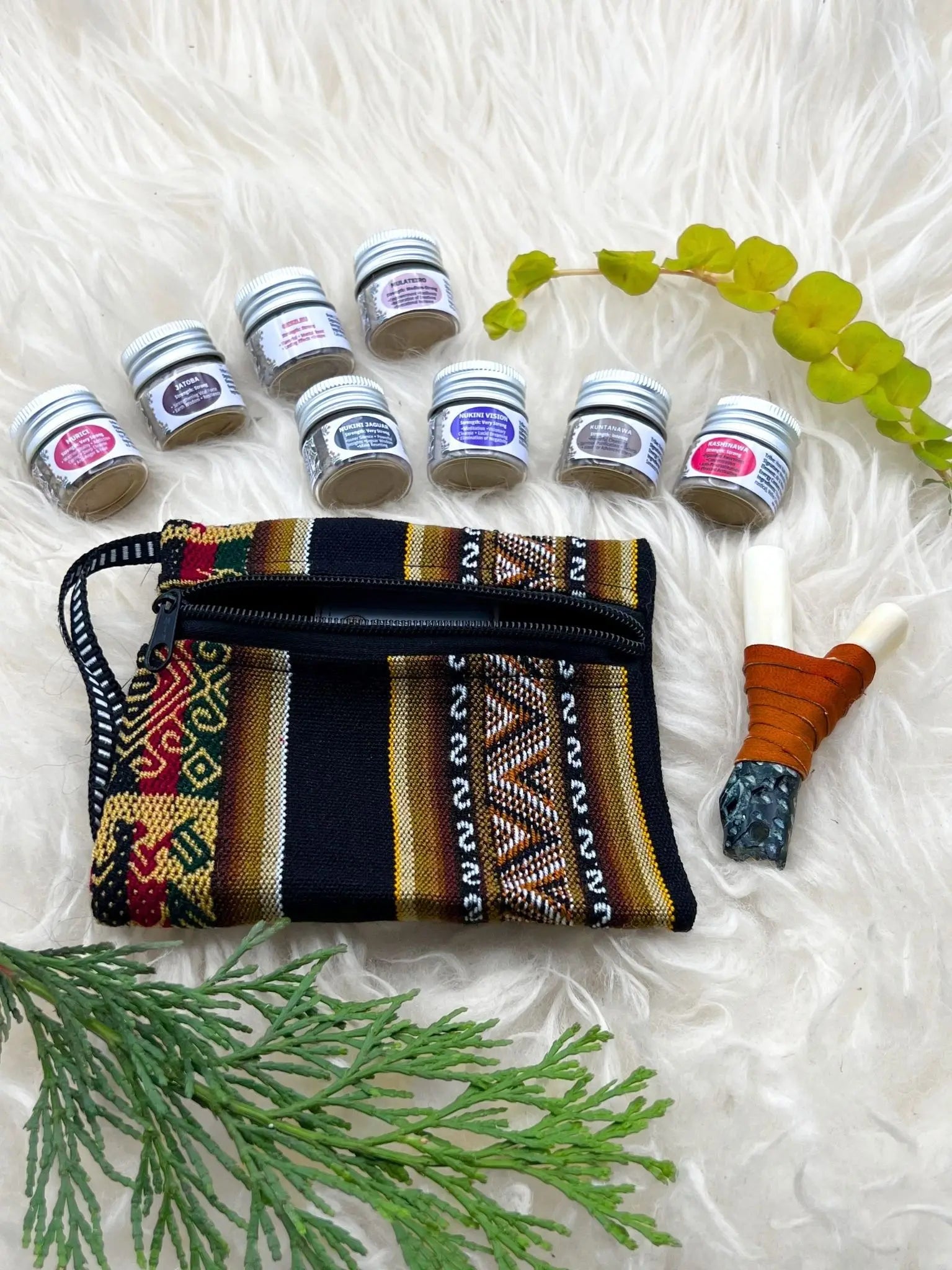 All Strong/Very Strong Hapé Blends Small Jar (0.25oz) Bundle by Collective Journey Art, includes a handwoven peruvian medicine pouch and a bone and stone kuripe.