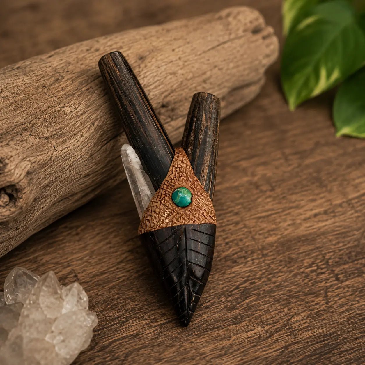 Handcrafted Wizard wooden kuripe, self applicator for hapé, with a quartz crystal and chrysocolla gem.